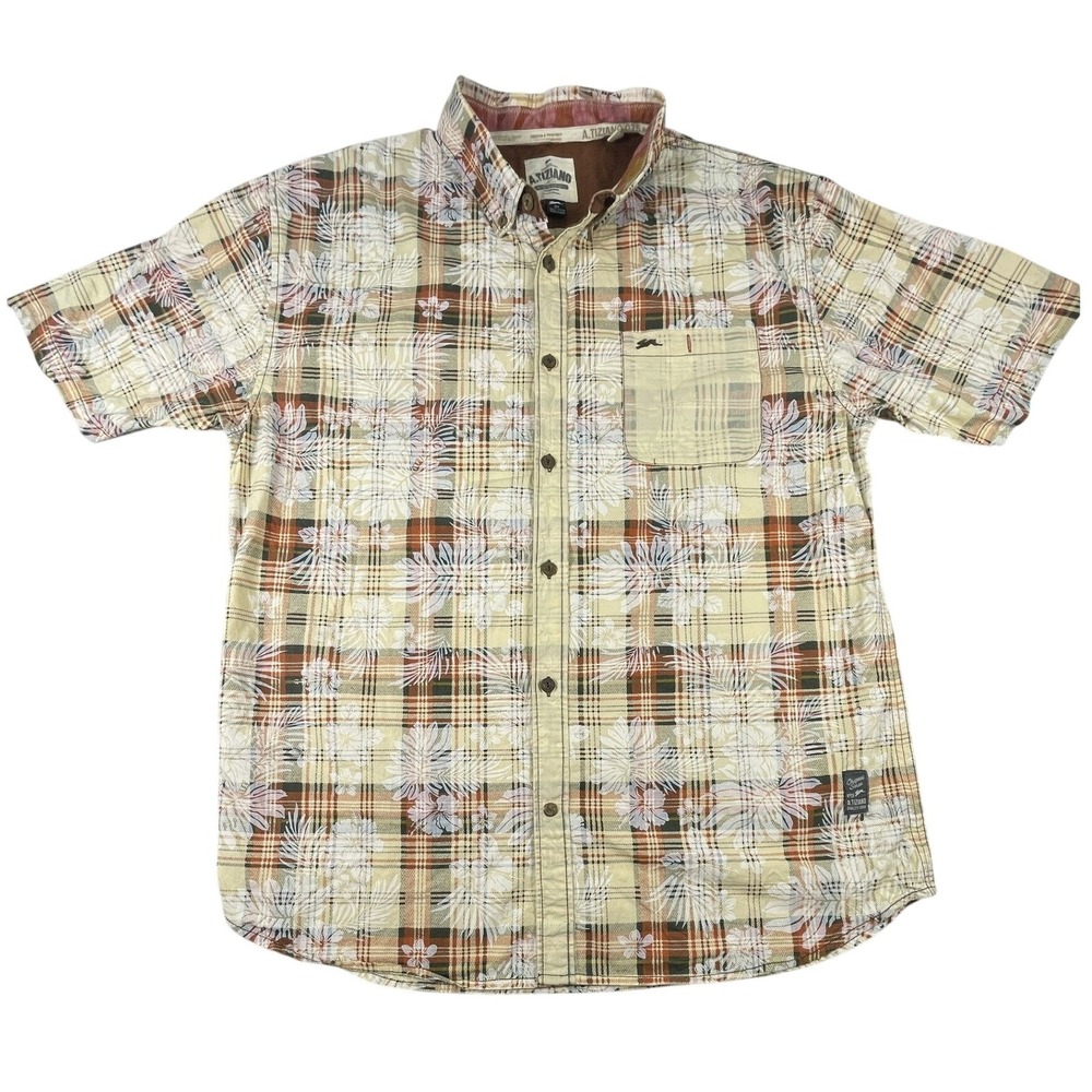 A. Tiziano Button Up Shirt Mens 2X Multicolor Plaid Floral Short Sleeve Cotton